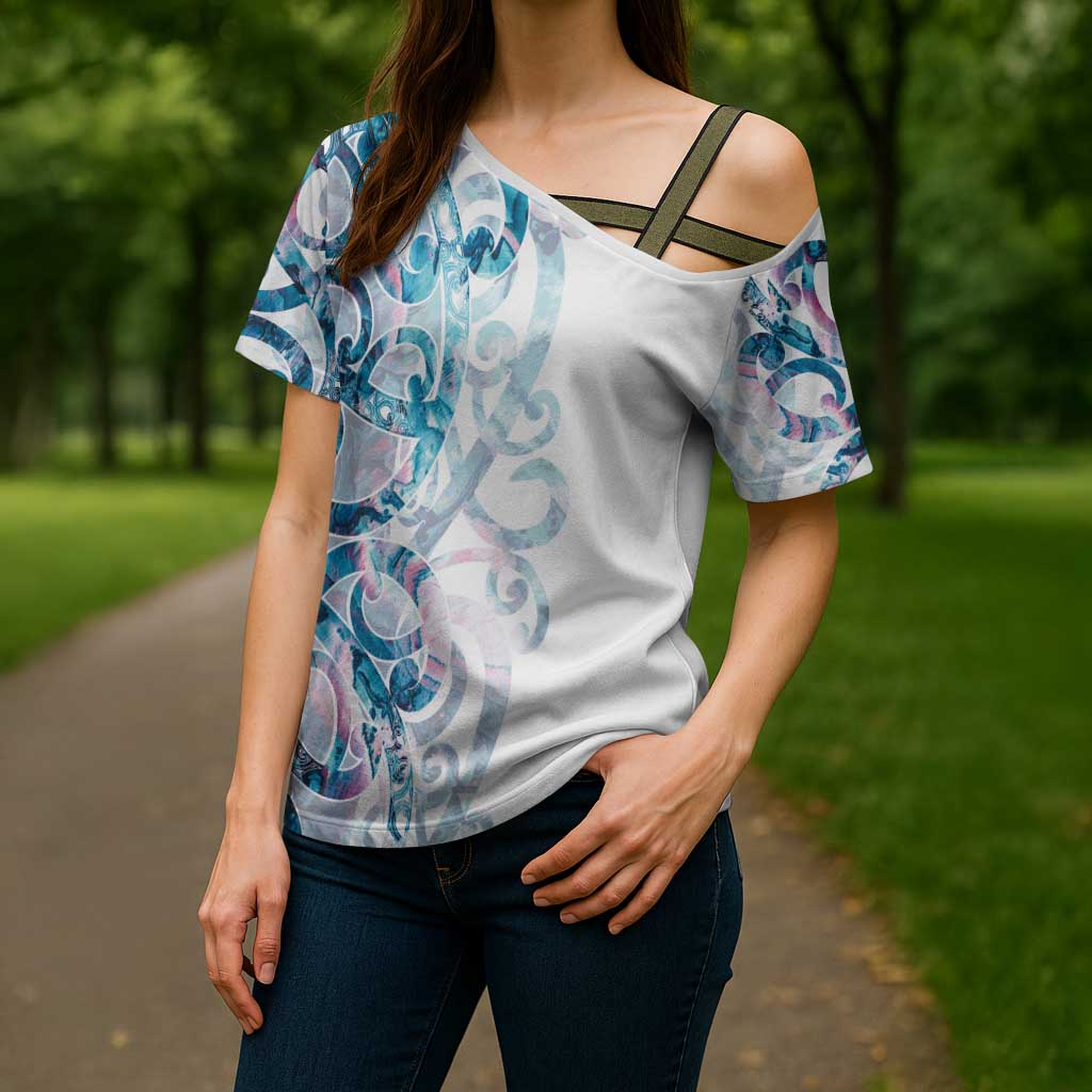 Turquoise Paua Shell Maori Cross Shoulder Shirt Koru Kowhaiwhai LT7 - Polynesian Pride