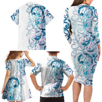 Turquoise Paua Shell Maori Family Matching Long Sleeve Bodycon Dress and Hawaiian Shirt Koru Kowhaiwhai - Polynesian Pride