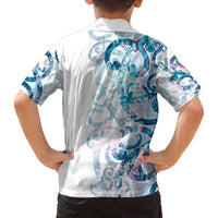 Turquoise Paua Shell Maori Family Matching Off The Shoulder Long Sleeve Dress and Hawaiian Shirt Koru Kowhaiwhai - Polynesian Pride