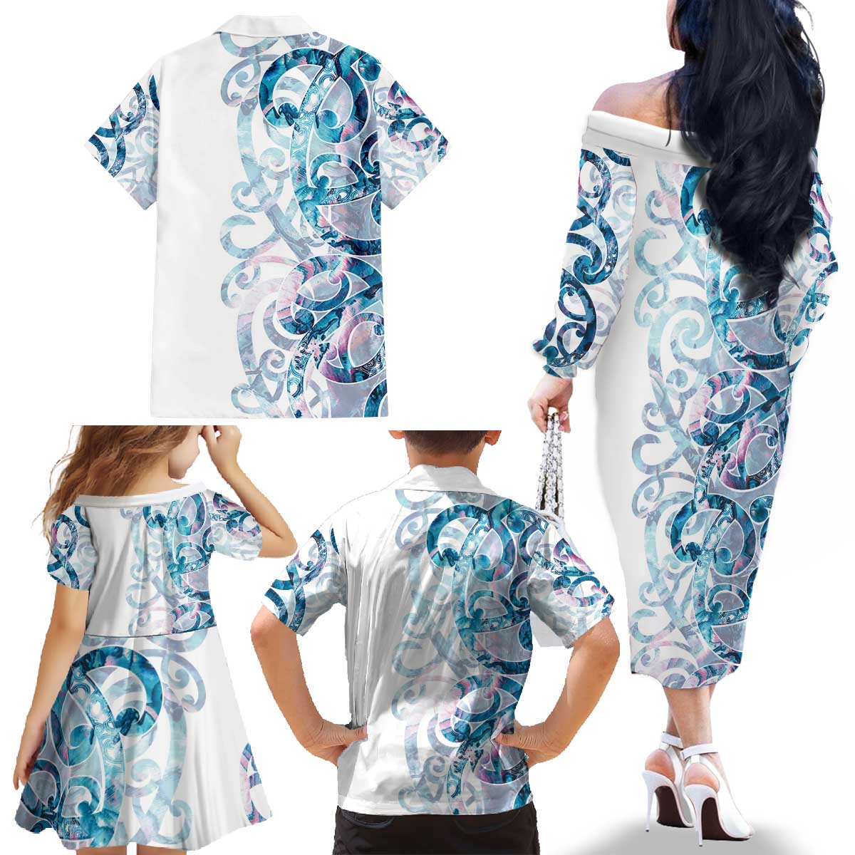 Turquoise Paua Shell Maori Family Matching Off The Shoulder Long Sleeve Dress and Hawaiian Shirt Koru Kowhaiwhai - Polynesian Pride