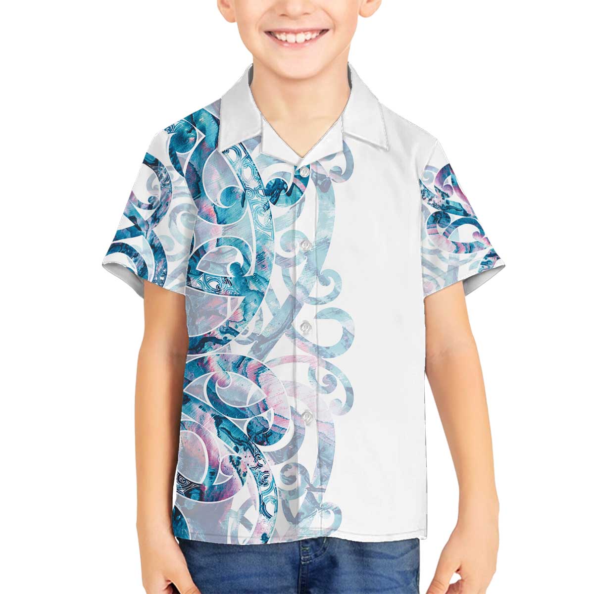 Turquoise Paua Shell Maori Family Matching Off The Shoulder Long Sleeve Dress and Hawaiian Shirt Koru Kowhaiwhai - Polynesian Pride