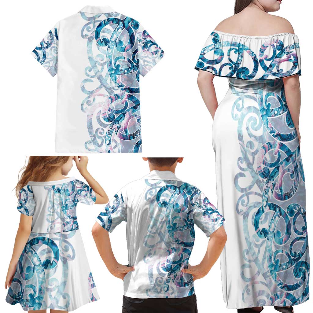 Turquoise Paua Shell Maori Family Matching Off Shoulder Maxi Dress and Hawaiian Shirt Koru Kowhaiwhai - Polynesian Pride
