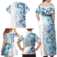 Turquoise Paua Shell Maori Family Matching Off Shoulder Maxi Dress and Hawaiian Shirt Koru Kowhaiwhai - Polynesian Pride