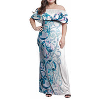 Turquoise Paua Shell Maori Family Matching Off Shoulder Maxi Dress and Hawaiian Shirt Koru Kowhaiwhai - Polynesian Pride