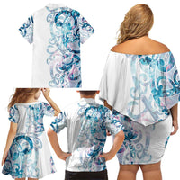 Turquoise Paua Shell Maori Family Matching Off Shoulder Short Dress and Hawaiian Shirt Koru Kowhaiwhai - Polynesian Pride