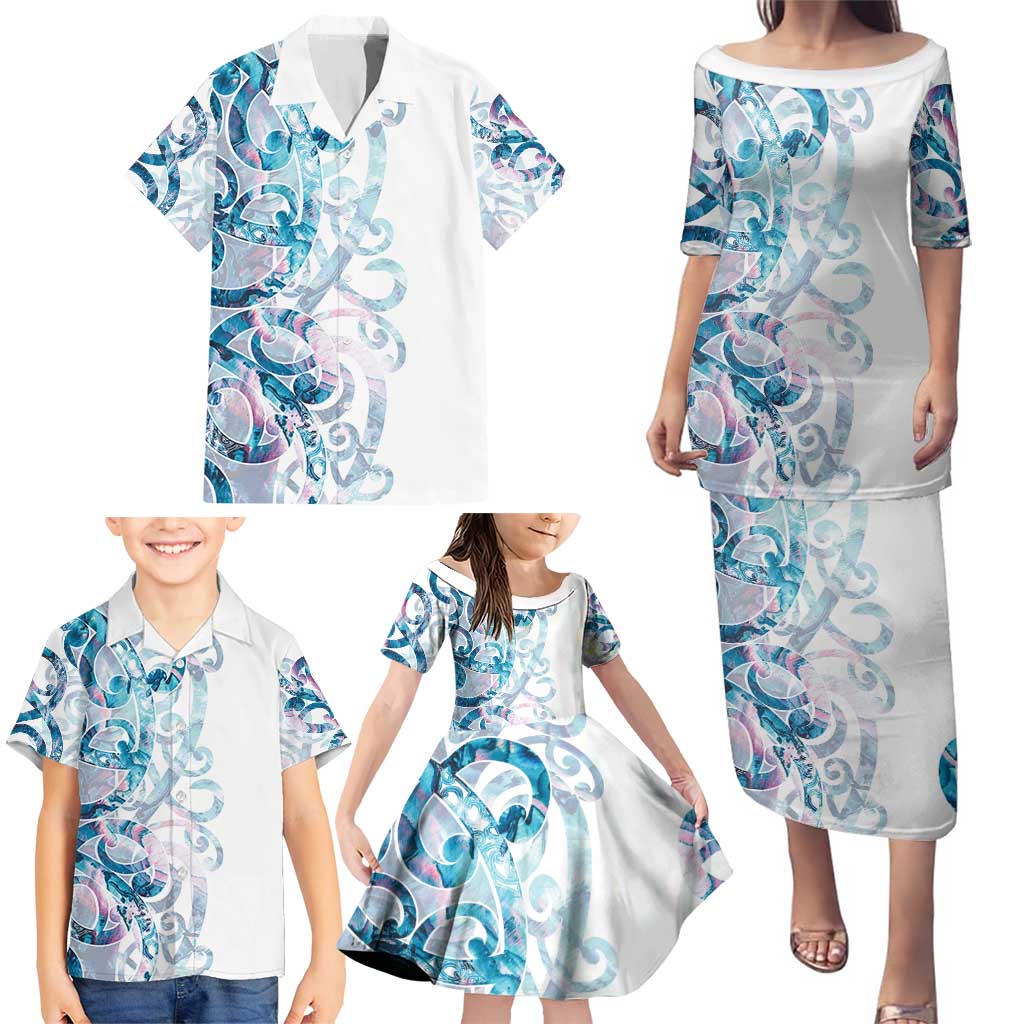 Turquoise Paua Shell Maori Family Matching Puletasi and Hawaiian Shirt Koru Kowhaiwhai - Polynesian Pride