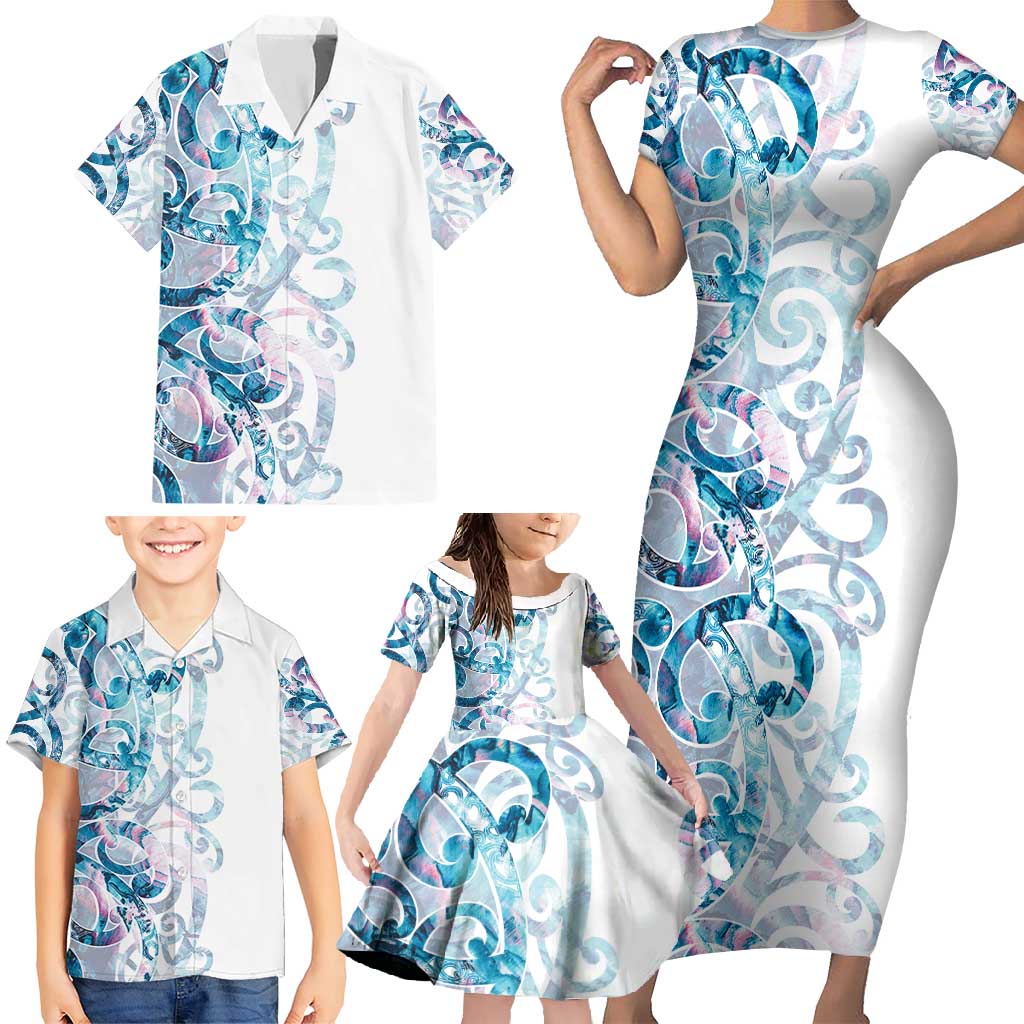 Turquoise Paua Shell Maori Family Matching Short Sleeve Bodycon Dress and Hawaiian Shirt Koru Kowhaiwhai - Polynesian Pride