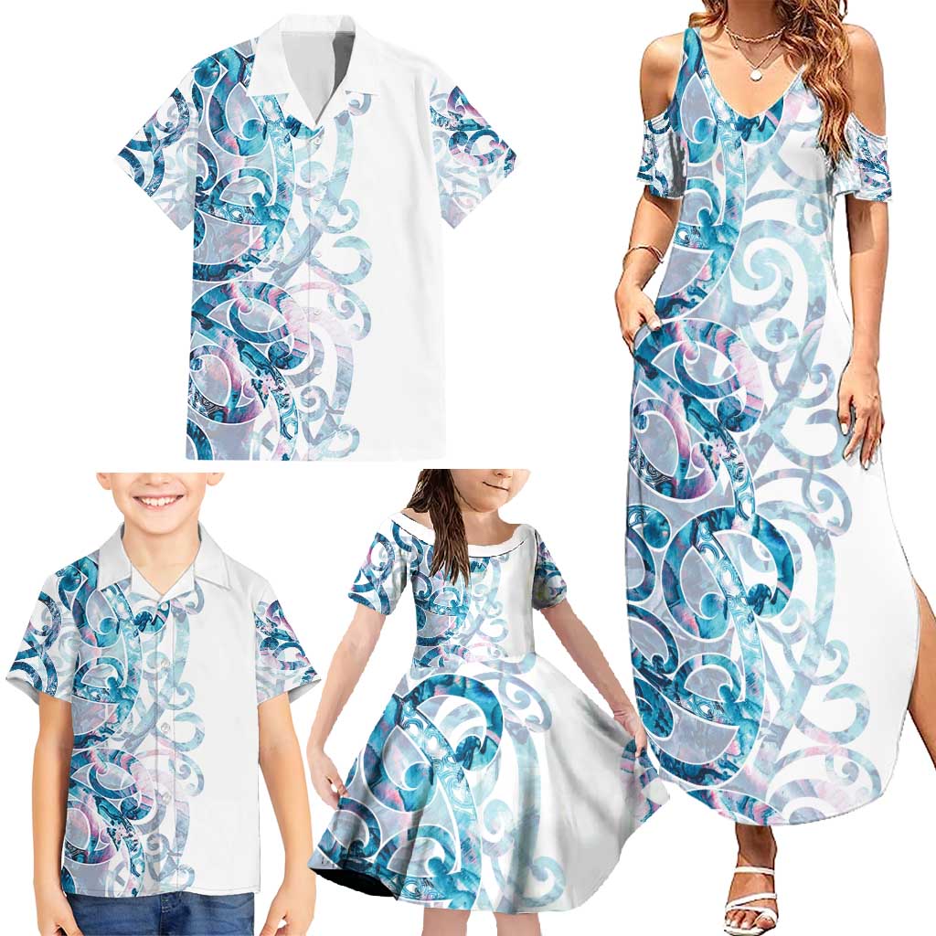 Turquoise Paua Shell Maori Family Matching Summer Maxi Dress and Hawaiian Shirt Koru Kowhaiwhai - Polynesian Pride