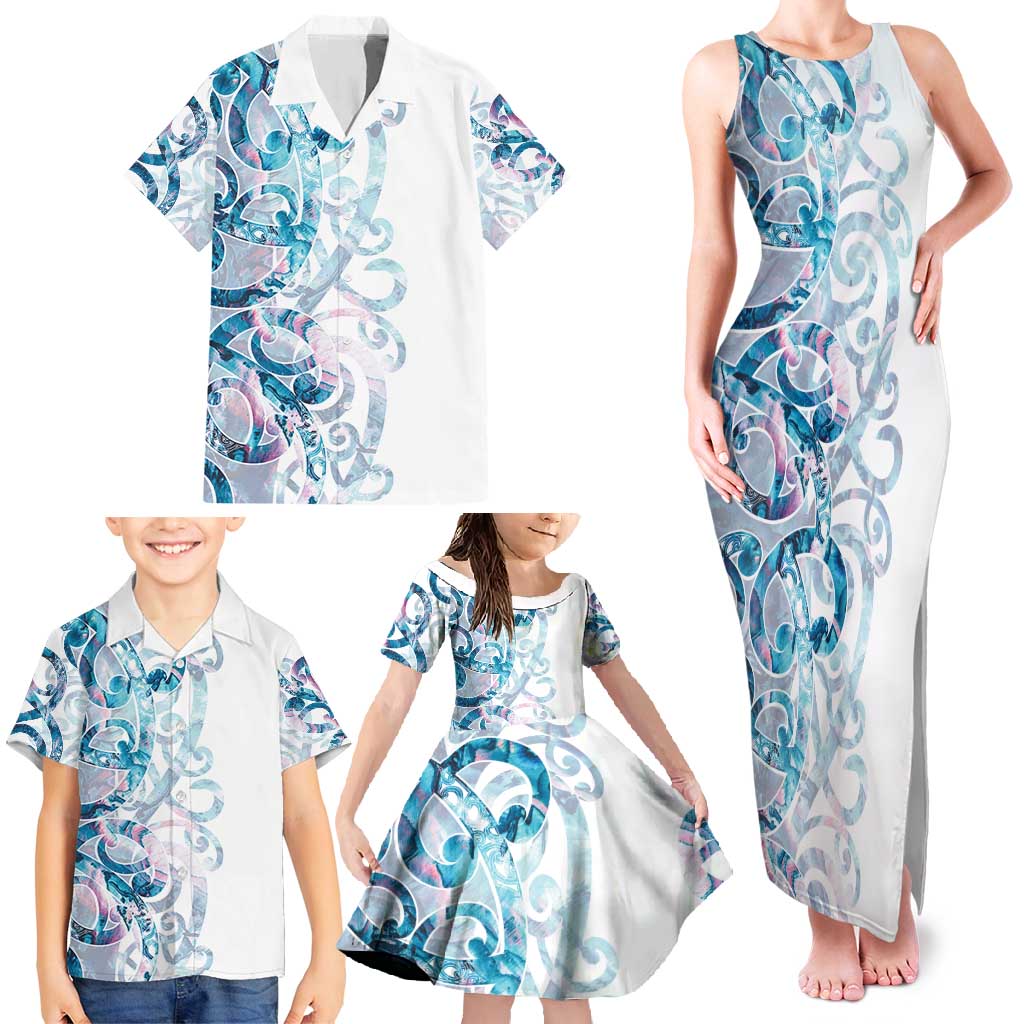 Turquoise Paua Shell Maori Family Matching Tank Maxi Dress and Hawaiian Shirt Koru Kowhaiwhai - Polynesian Pride