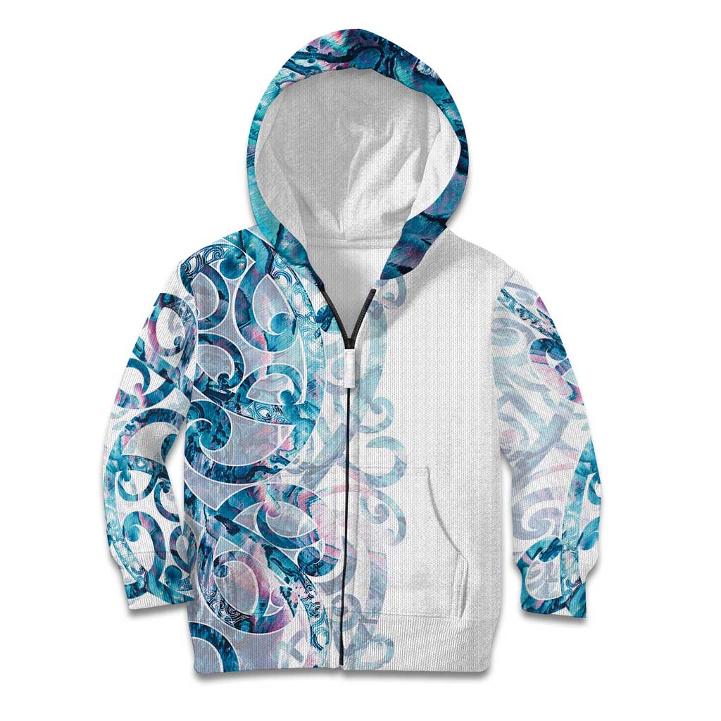 Turquoise Paua Shell Maori Kid Hoodie Koru Kowhaiwhai LT7 Zip Hoodie White - Polynesian Pride