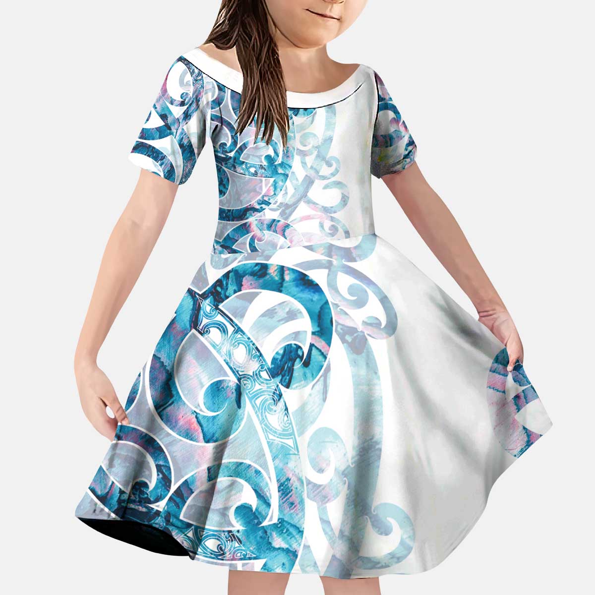 Turquoise Paua Shell Maori Kid Short Sleeve Dress Koru Kowhaiwhai LT7 KID White - Polynesian Pride