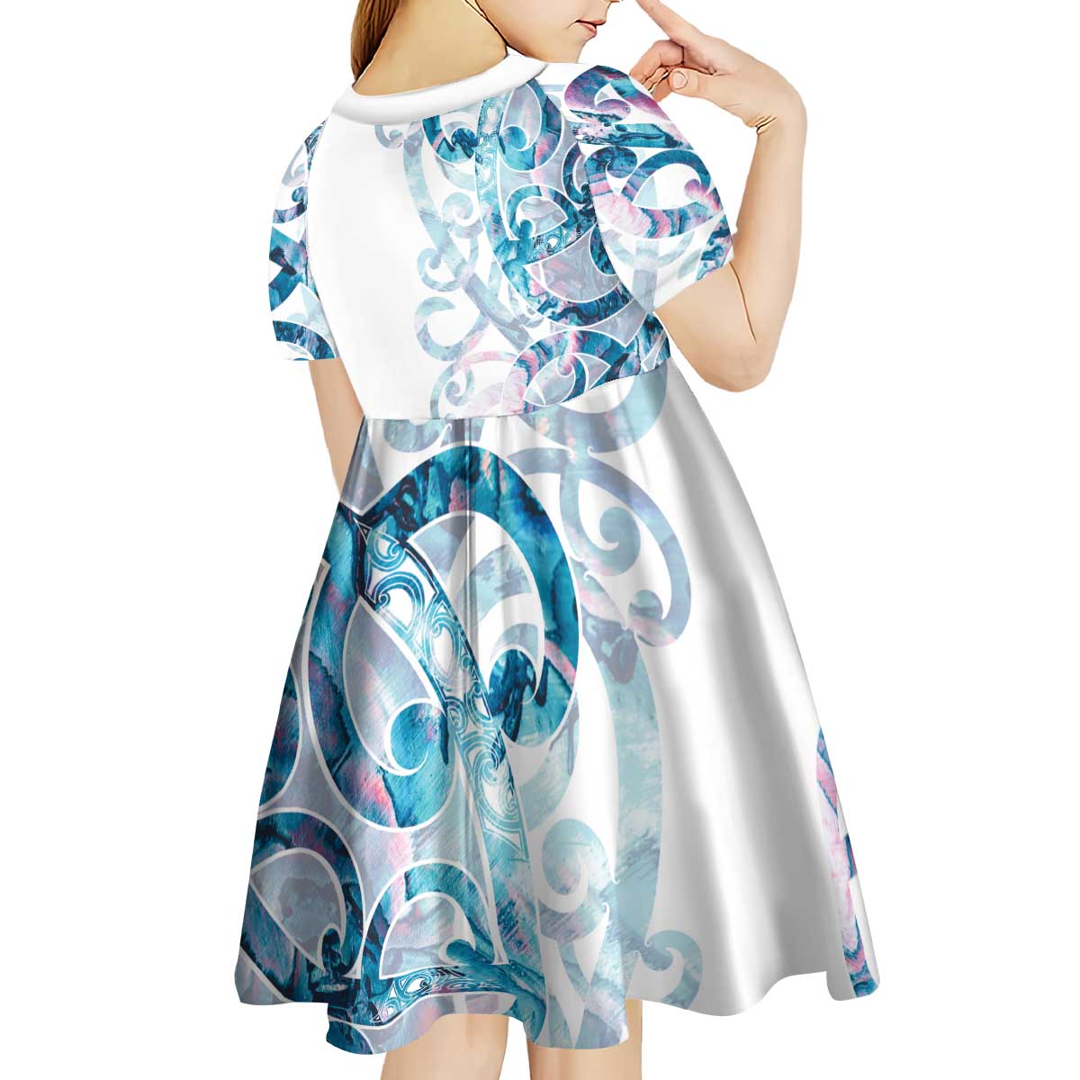 Turquoise Paua Shell Maori Kid Short Sleeve Dress Koru Kowhaiwhai LT7 - Polynesian Pride