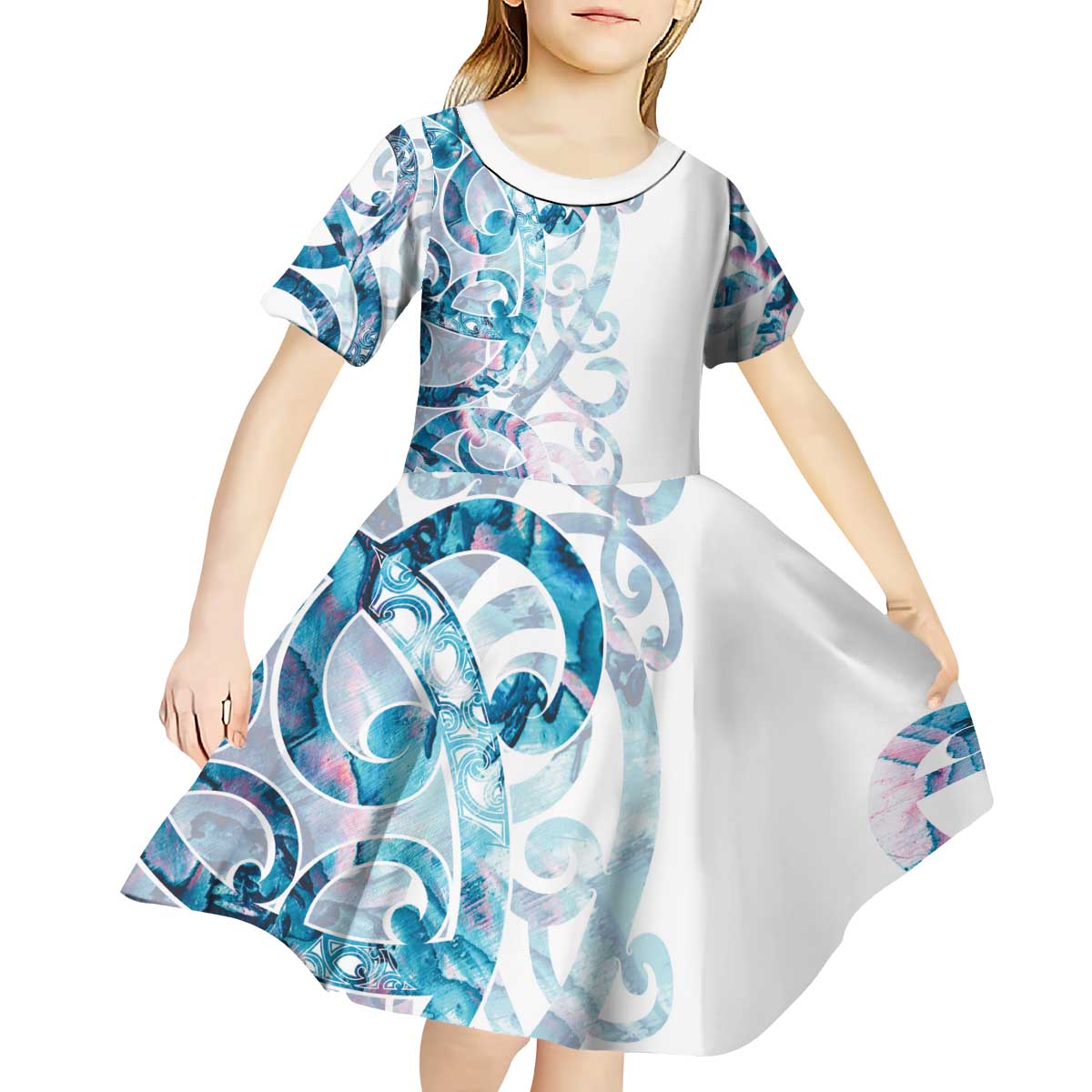 Turquoise Paua Shell Maori Kid Short Sleeve Dress Koru Kowhaiwhai LT7 - Polynesian Pride