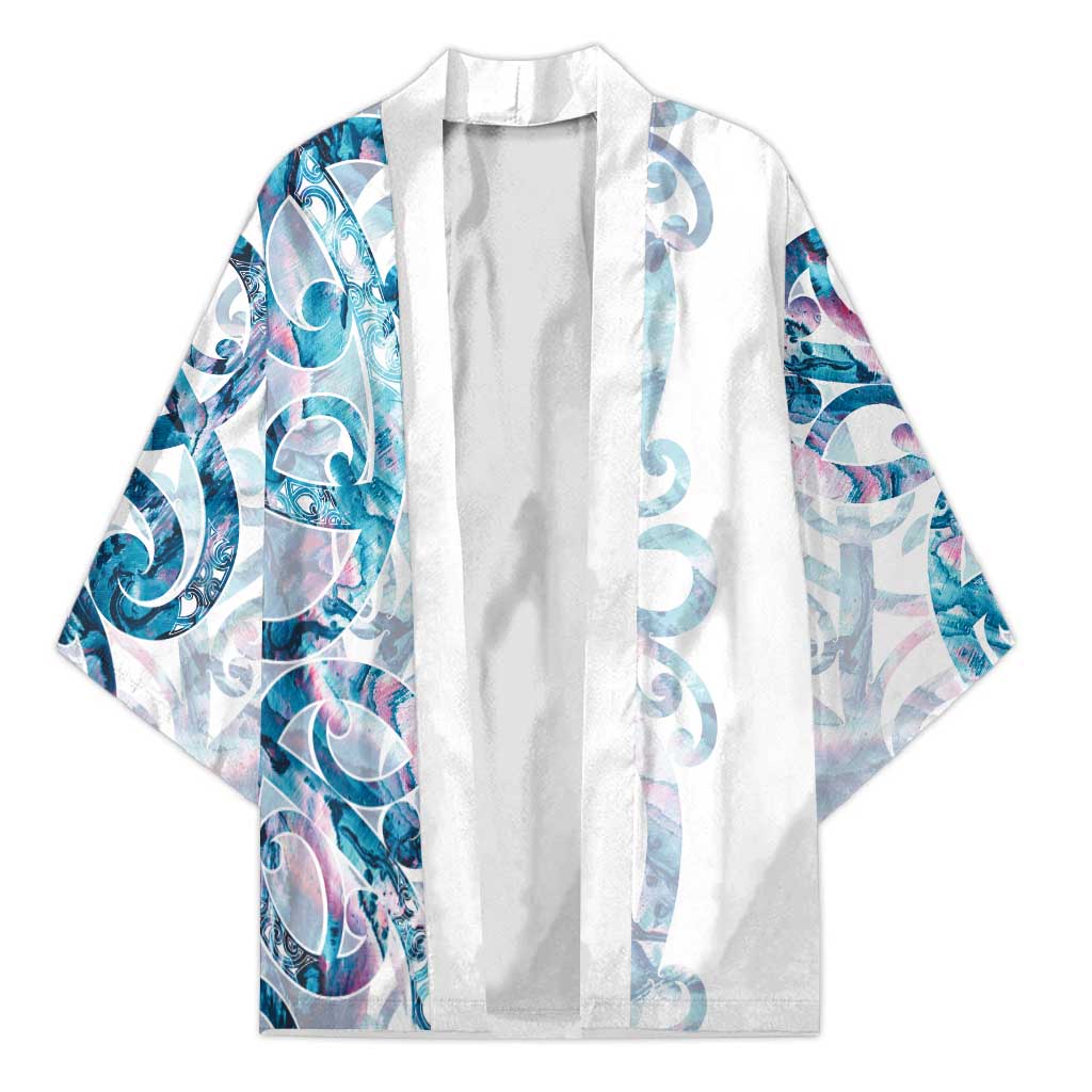Turquoise Paua Shell Maori Kimono Koru Kowhaiwhai LT7 Unisex White - Polynesian Pride