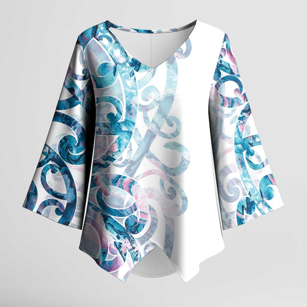 Turquoise Paua Shell Maori Kimono Sleeve Blouse Koru Kowhaiwhai LT7 Female White - Polynesian Pride