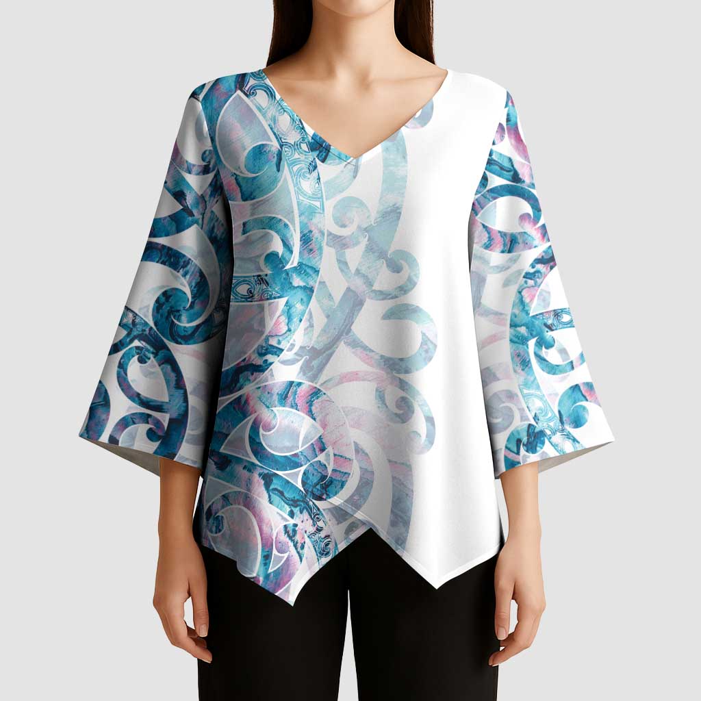 Turquoise Paua Shell Maori Kimono Sleeve Blouse Koru Kowhaiwhai LT7 - Polynesian Pride