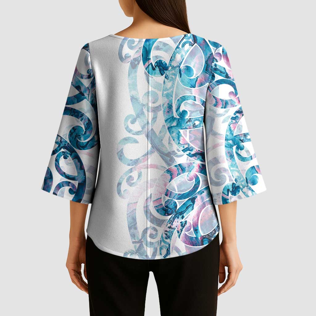 Turquoise Paua Shell Maori Kimono Sleeve Blouse Koru Kowhaiwhai LT7 - Polynesian Pride