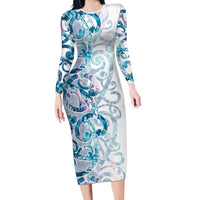 Turquoise Paua Shell Maori Long Sleeve Bodycon Dress Koru Kowhaiwhai - Polynesian Pride