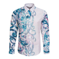 Turquoise Paua Shell Maori Long Sleeve Button Shirt - Koru Kowhaiwhai LT7 Unisex White - Polynesian Pride