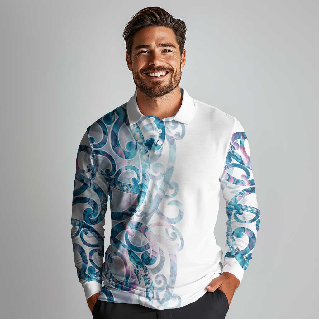 Turquoise Paua Shell Maori Long Sleeve Polo Shirt Koru Kowhaiwhai - Polynesian Pride