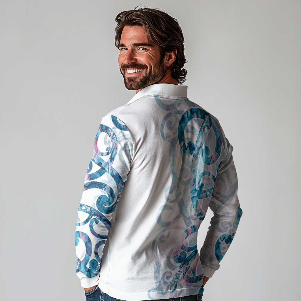 Turquoise Paua Shell Maori Long Sleeve Polo Shirt Koru Kowhaiwhai - Polynesian Pride