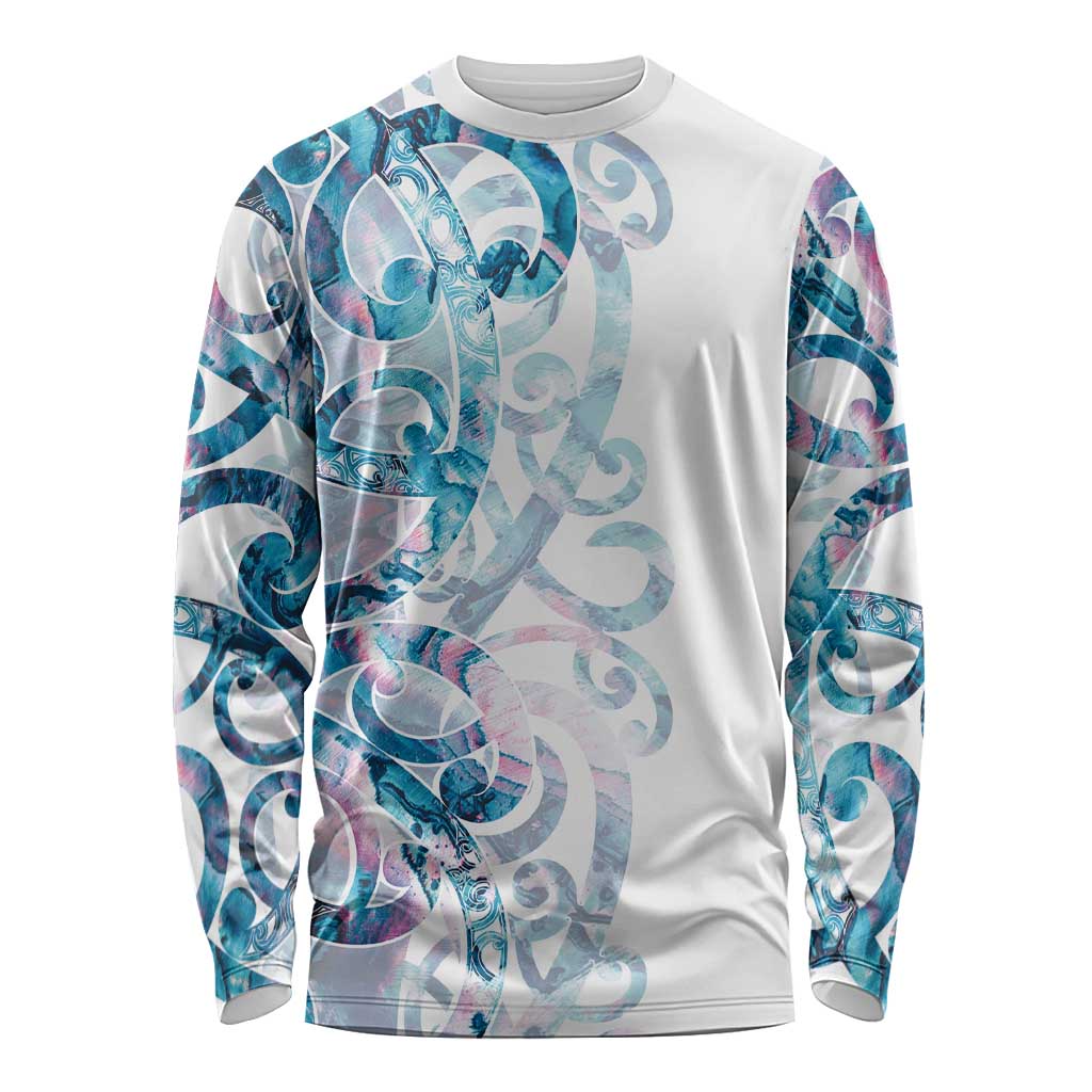 Turquoise Paua Shell Maori Long Sleeve Shirt Koru Kowhaiwhai LT7 Unisex White - Polynesian Pride