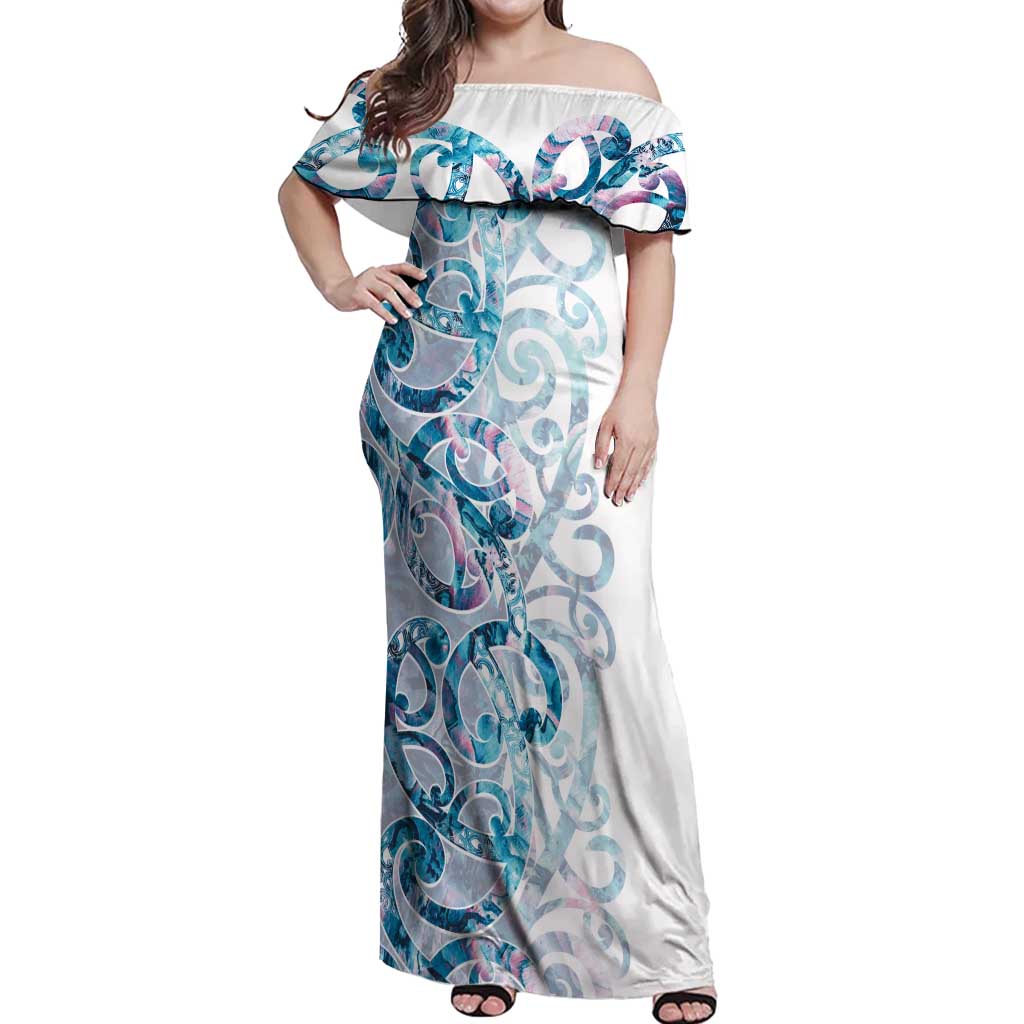 Turquoise Paua Shell Maori Off Shoulder Maxi Dress Koru Kowhaiwhai LT7 Women White - Polynesian Pride