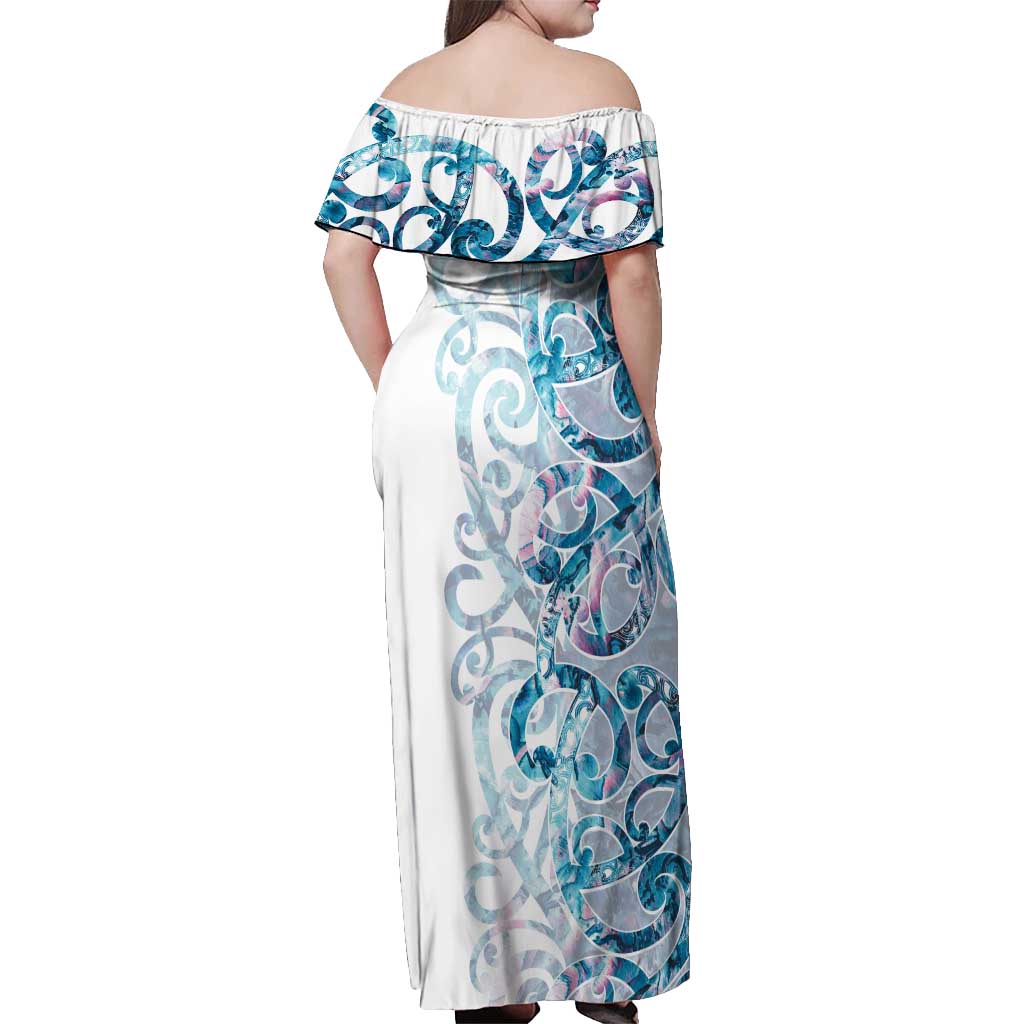 Turquoise Paua Shell Maori Off Shoulder Maxi Dress Koru Kowhaiwhai LT7 - Polynesian Pride