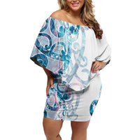 Turquoise Paua Shell Maori Off Shoulder Short Dress Koru Kowhaiwhai - Polynesian Pride