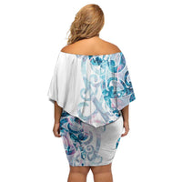 Turquoise Paua Shell Maori Off Shoulder Short Dress Koru Kowhaiwhai - Polynesian Pride