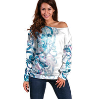 Turquoise Paua Shell Maori Off Shoulder Sweater Koru Kowhaiwhai LT7 Women White - Polynesian Pride