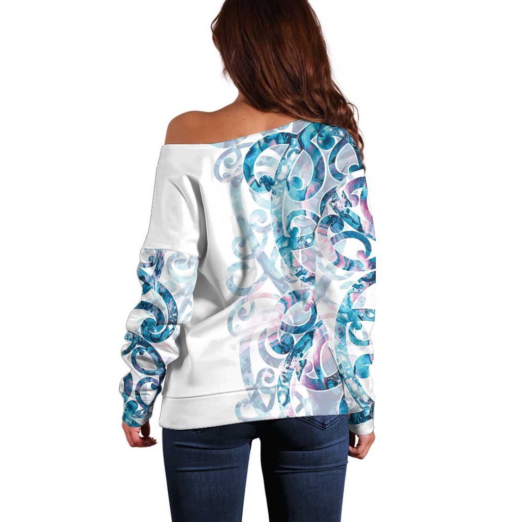 Turquoise Paua Shell Maori Off Shoulder Sweater Koru Kowhaiwhai LT7 - Polynesian Pride