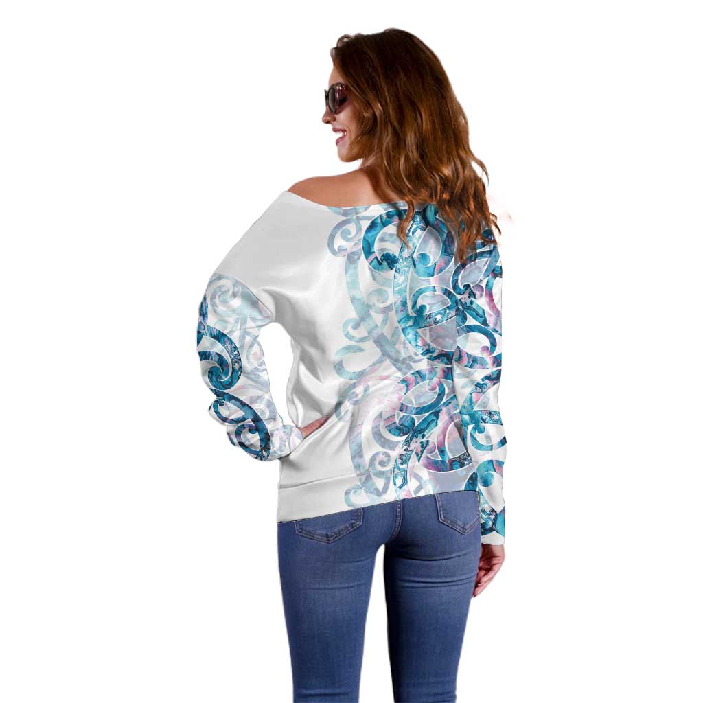 Turquoise Paua Shell Maori Off Shoulder Sweater Koru Kowhaiwhai LT7 - Polynesian Pride