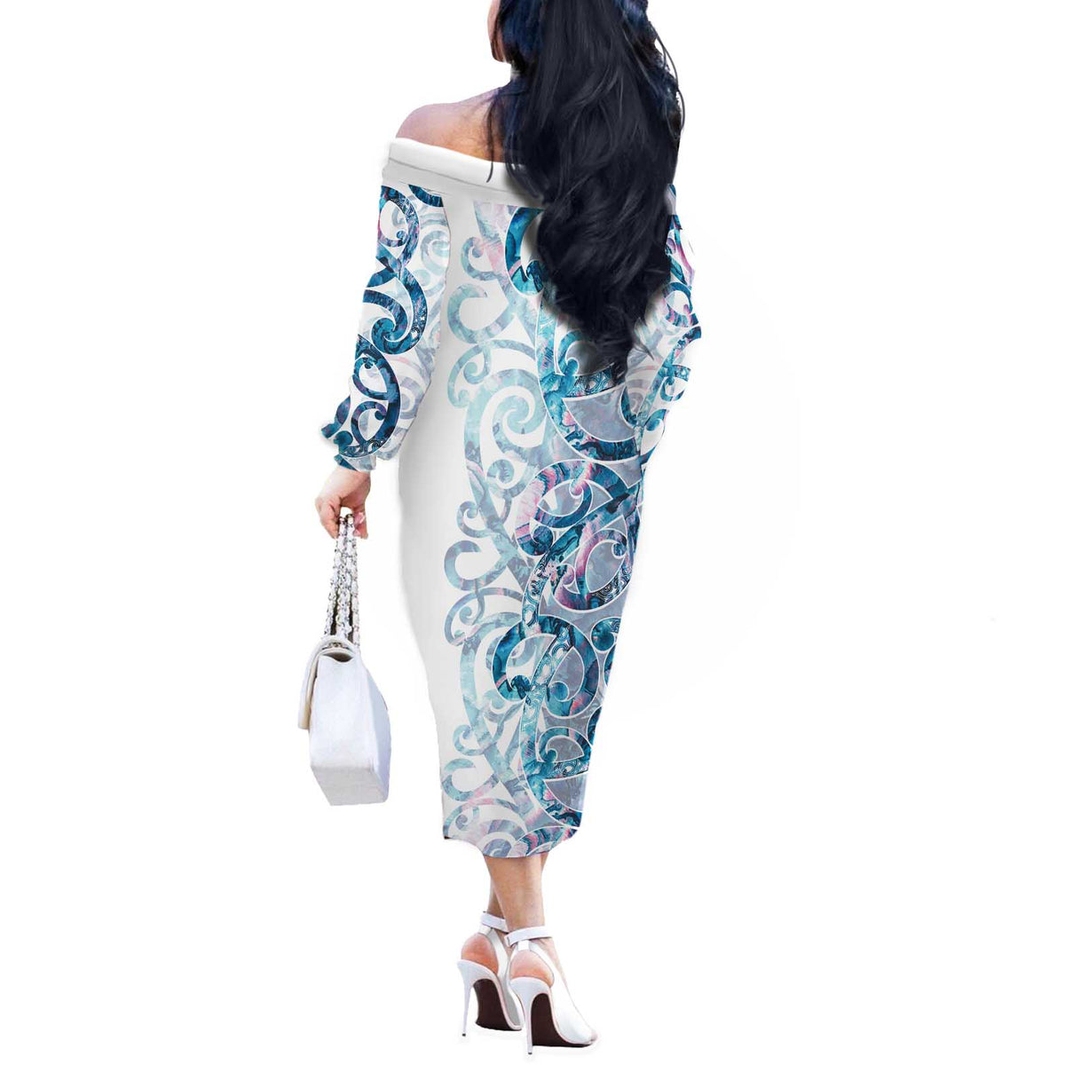 Turquoise Paua Shell Maori Off The Shoulder Long Sleeve Dress Koru Kowhaiwhai LT7 - Polynesian Pride