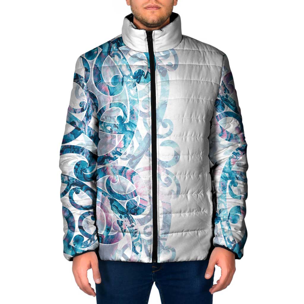 Turquoise Paua Shell Maori Padded Jacket Koru Kowhaiwhai LT7 Men White - Polynesian Pride