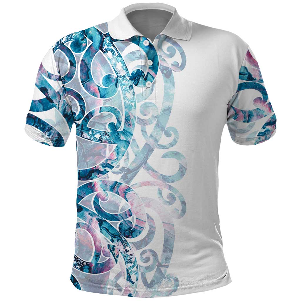 Turquoise Paua Shell Maori Polo Shirt Koru Kowhaiwhai LT7 White - Polynesian Pride