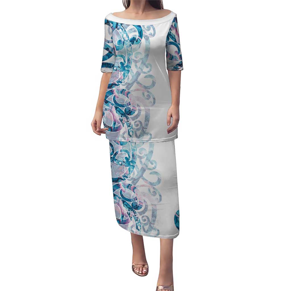 Turquoise Paua Shell Maori Puletasi Koru Kowhaiwhai LT7 Long Dress White - Polynesian Pride