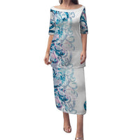 Turquoise Paua Shell Maori Puletasi Koru Kowhaiwhai LT7 Long Dress White - Polynesian Pride