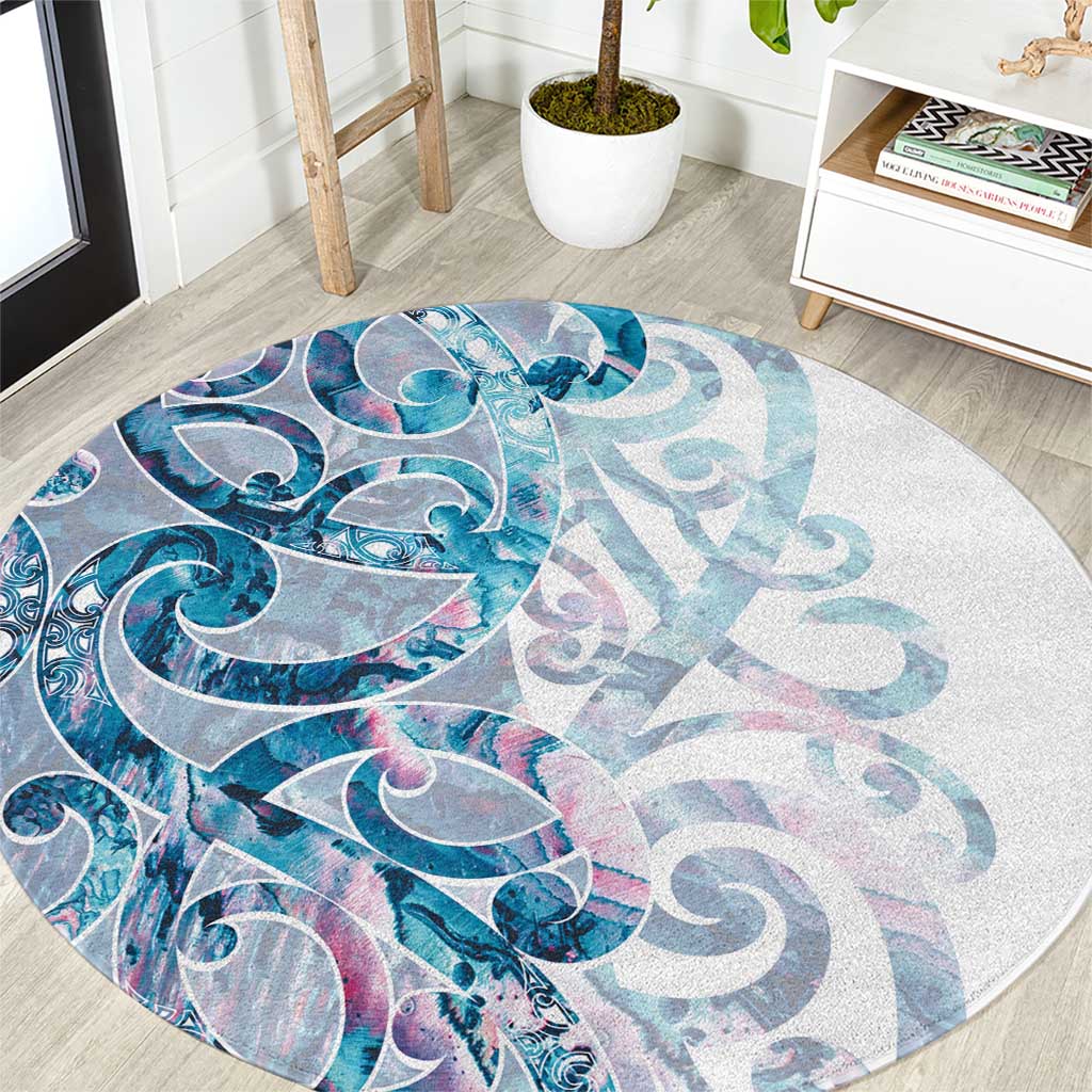 Turquoise Paua Shell Maori Round Carpet Koru Kowhaiwhai LT7 White - Polynesian Pride