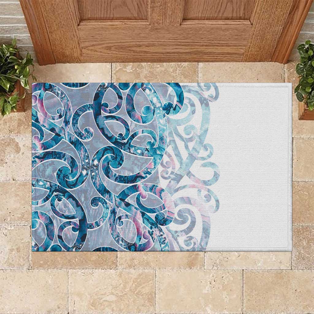 Turquoise Paua Shell Maori Rubber Doormat Koru Kowhaiwhai LT7 White - Polynesian Pride