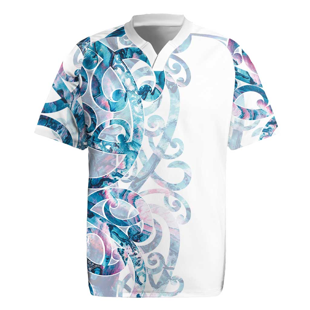 Turquoise Paua Shell Maori Rugby Jersey Koru Kowhaiwhai LT7 White - Polynesian Pride