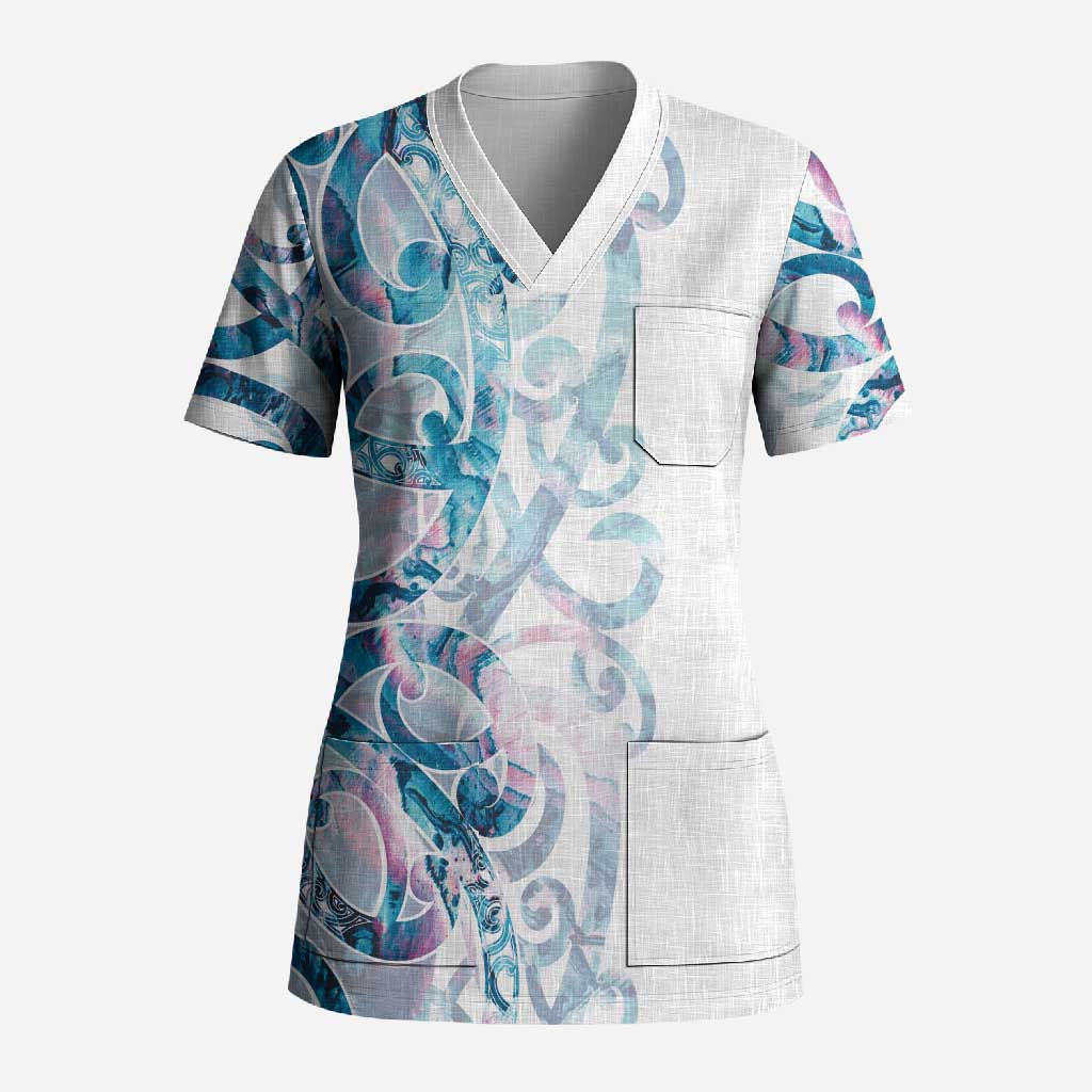 Turquoise Paua Shell Maori Scrub Top Koru Kowhaiwhai - Polynesian Pride