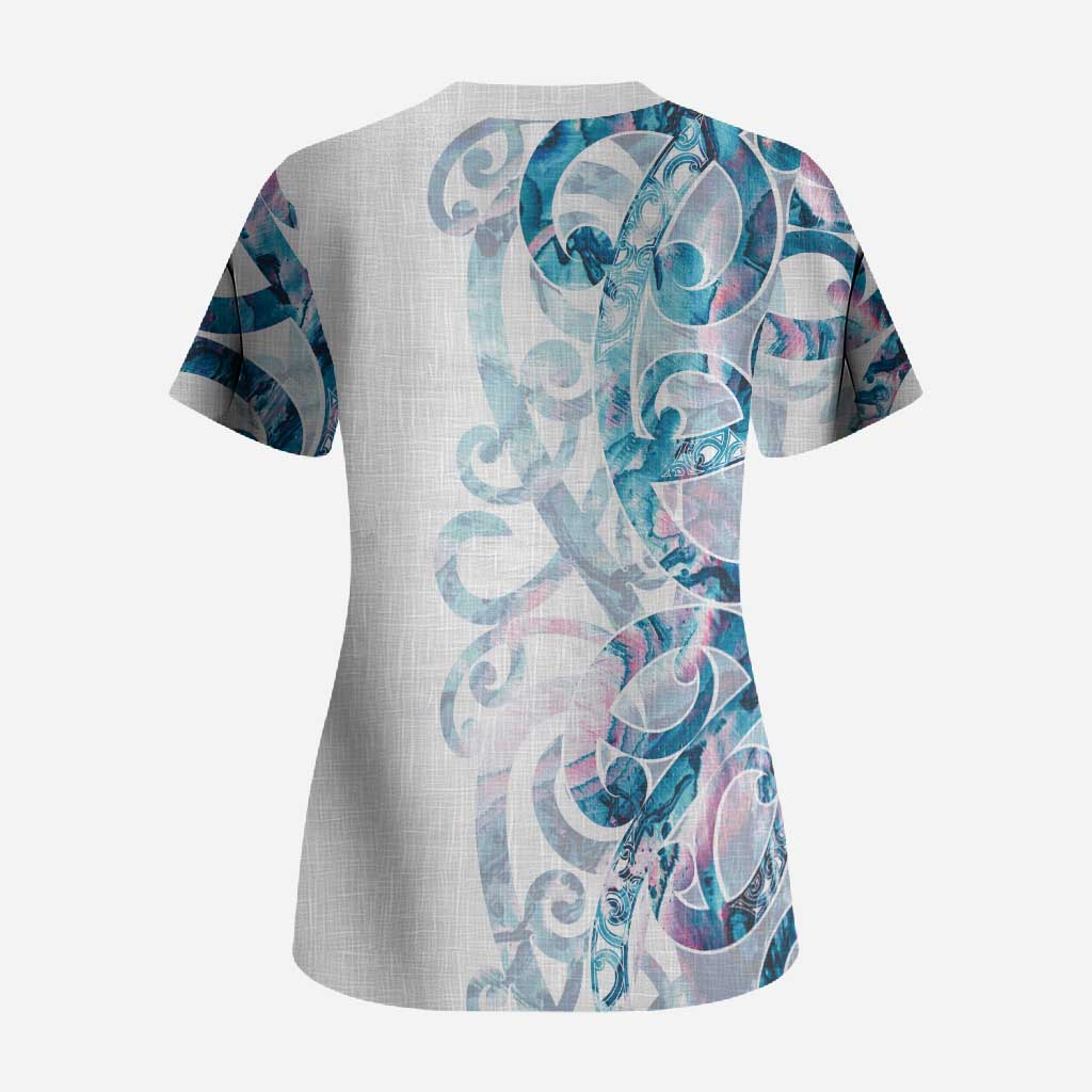 Turquoise Paua Shell Maori Scrub Top Koru Kowhaiwhai LT7 - Polynesian Pride