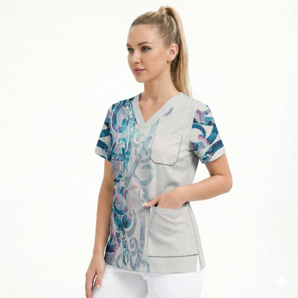 Turquoise Paua Shell Maori Scrub Top Koru Kowhaiwhai LT7 - Polynesian Pride