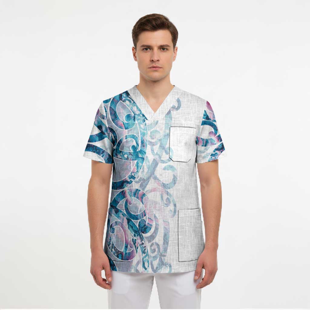 Turquoise Paua Shell Maori Scrub Top Koru Kowhaiwhai LT7 - Polynesian Pride