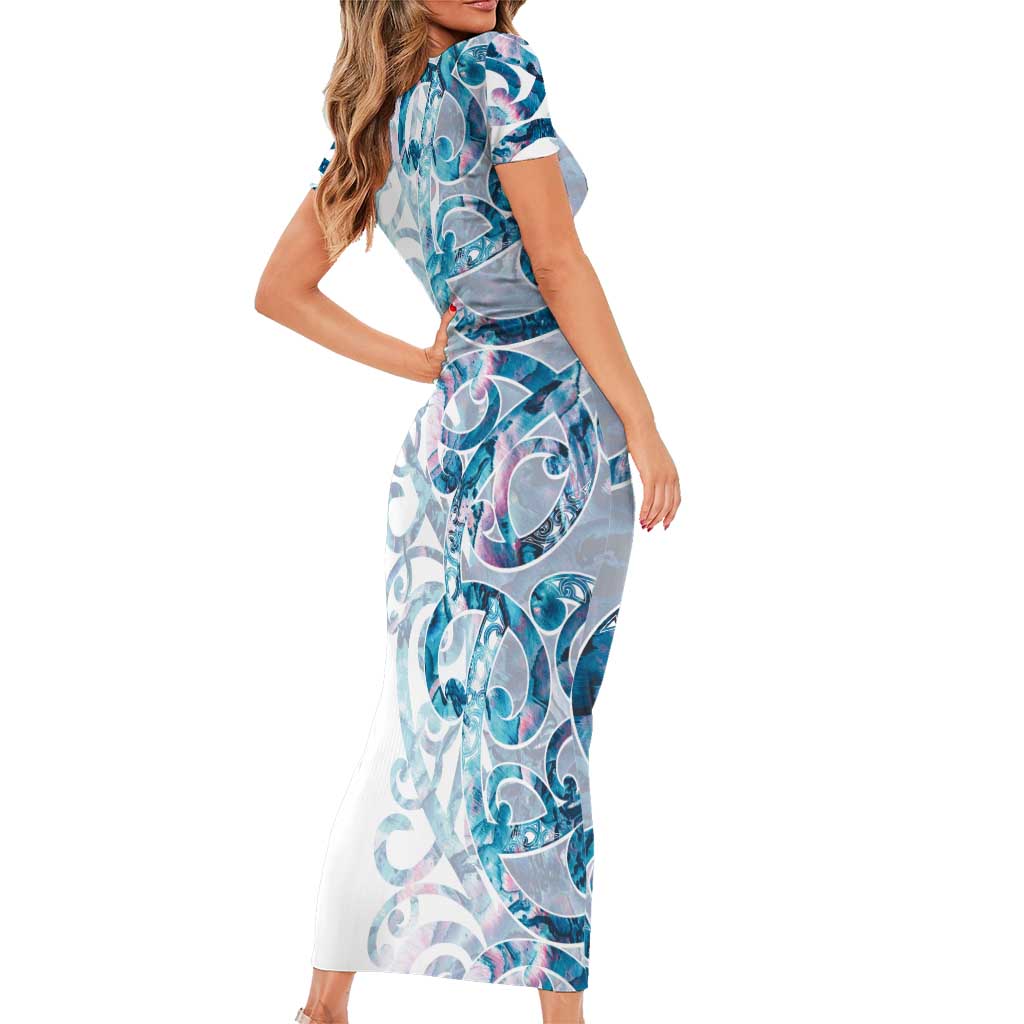 Turquoise Paua Shell Maori Short Sleeve Bodycon Dress Koru Kowhaiwhai LT7 - Polynesian Pride