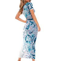 Turquoise Paua Shell Maori Short Sleeve Bodycon Dress Koru Kowhaiwhai LT7 - Polynesian Pride