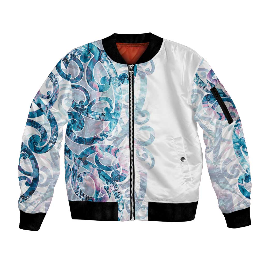 Turquoise Paua Shell Maori Sleeve Zip Bomber Jacket Koru Kowhaiwhai LT7 Unisex White - Polynesian Pride