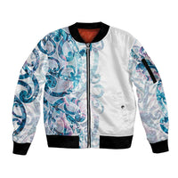 Turquoise Paua Shell Maori Sleeve Zip Bomber Jacket Koru Kowhaiwhai LT7 Unisex White - Polynesian Pride