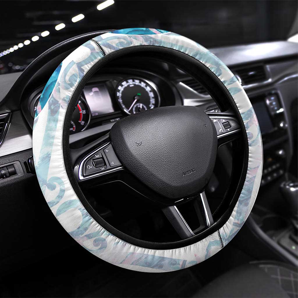 Turquoise Paua Shell Maori Steering Wheel Cover Koru Kowhaiwhai LT7 Universal Fit White - Polynesian Pride